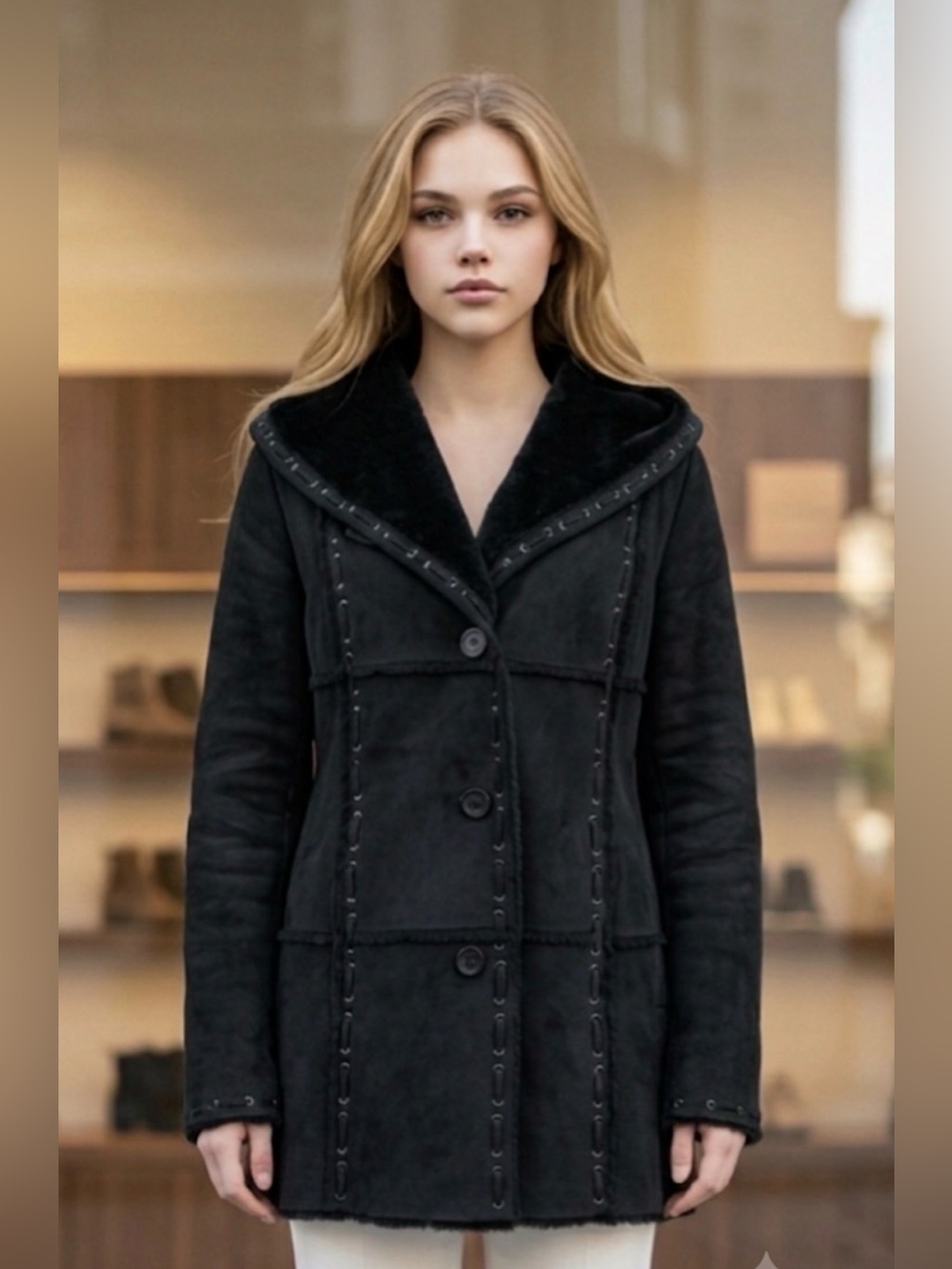 dennis basso Black Faux-Shearling Trim Hooded Shearling Coat R1